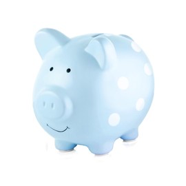 Pearhead Large Ceramic Piggy Bank, Blue Polka Dots, Ideal for Boys and Girls, Kids, Money and Coin Bank, Perfect Baby Boy Nursery Décor, Holiday Toddler Gift