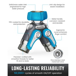 RAINPOINT Garden Hose Splitter 2 Way Heavy Duty,Water Hose Y Spigot Splitter with Shutoff Valves, 100% Metal Body Outdoor Spigot Splitter, 1.9" Extra Long Metal Handle, 3/4" GHT Thread(Blue)
