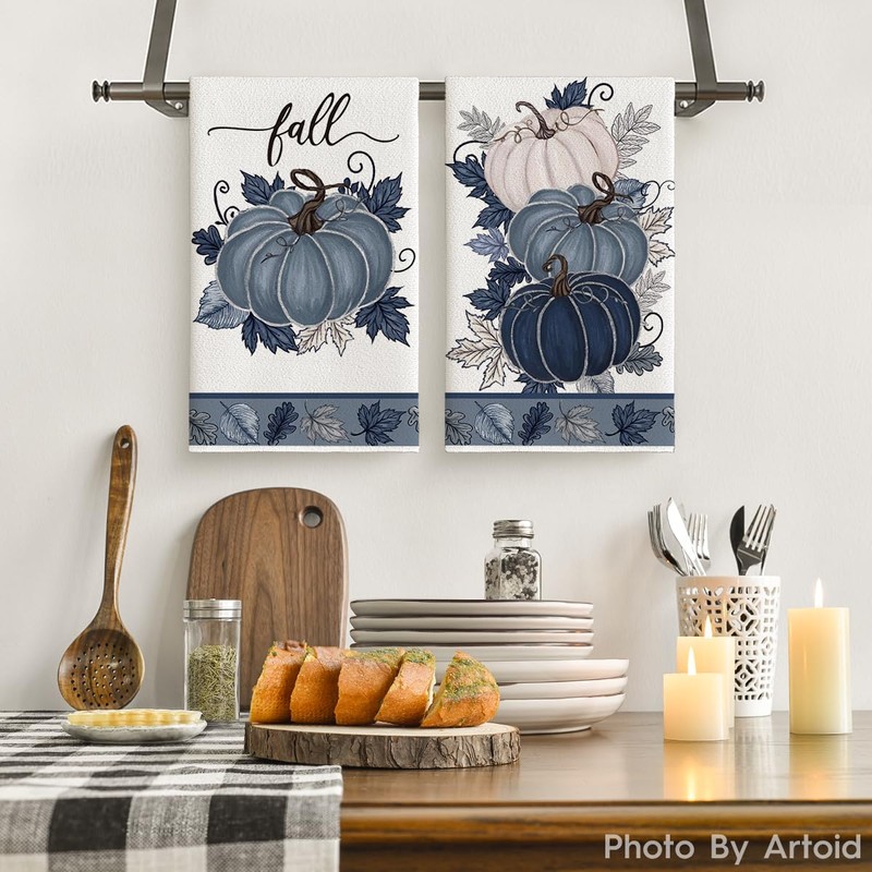 Artoid Mode Blue Leaves Pumpkin Fall Kitchen Towels Dish Towels,