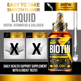 PURE RESEARCH Liquid Biotin & Collagen Hair Growth Drops 60,000mcg – Biotin and Liquid Collagen Supplements for Women & Men – Supports Glowing Skin, Healthy Hair & Nail Growth (2Fl Oz)
