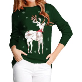 v28 Ugly Christmas Sweater, Women Girls Cute Shining Reindeer Pullover Sweater (M, Dark Green (Light-Gold Deer))