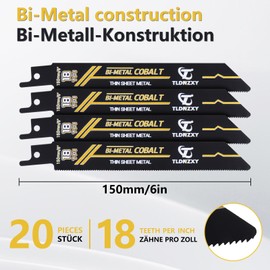 20-Piece Reciprocating Saw Blades Metal Set Saw Blades Reciprocating Saw 150 mm 18TPI Bi-Metal Metal Saw Blade Reciprocating Saw Blade with Cobalt, Saw Blades Jigsaw Set for Metal Pipes, Bolts Fine