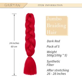 Gairyan Jumbo Braid Extensions, 60 cm, Synthetic Hair for Braiding, Hair Extensions, 5 Bundles, 500 g, Braiding Hair, Ombre, Braiding Extensions, Box Braids, Crochet Twists, Red