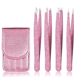 Juego de 4 pinzas, punta inclinada profesional de acero inoxidable y pinzas puntiagudas para manualidades con estuche de piel, precisión para cejas, cabello encarnado, vello facial, puntos negros y extensión de pestañas (oro rosa)