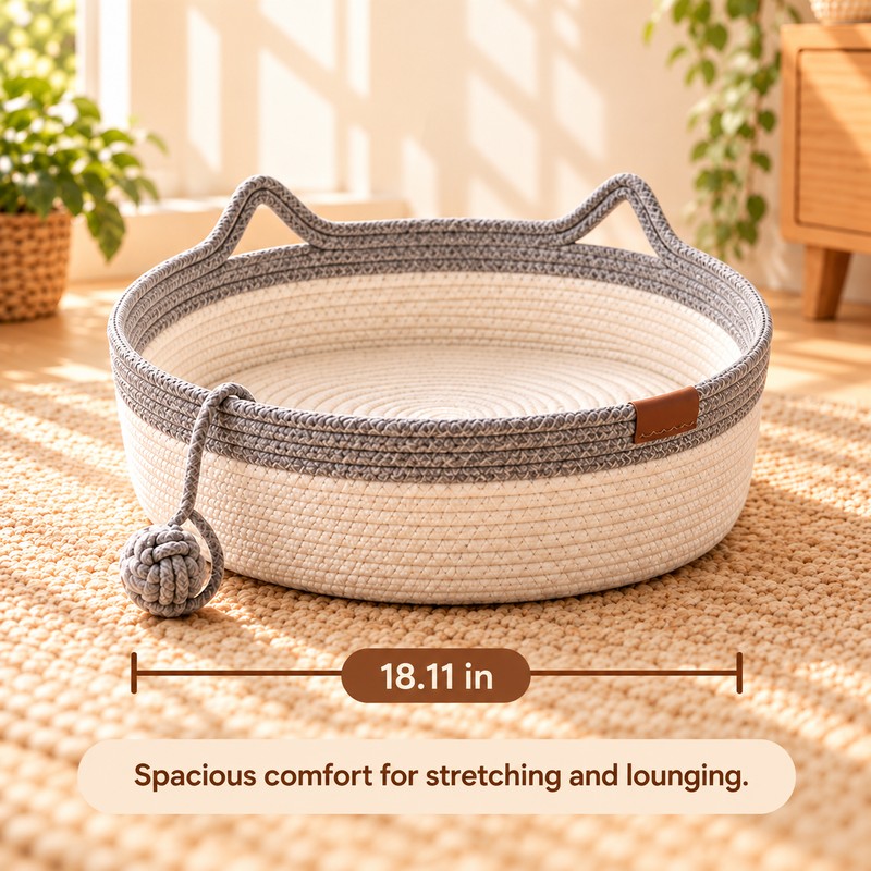Interactive Woven Cat Bed with Toy Tail – 3-in-1 Cotton