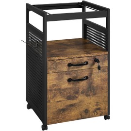 Topeakmart Rustic Brown File Cabinet with Lock, 2 Storage Drawers, A4/Letter Size Hanging File Folders, Open Shelf, Steel Frame, Printer Stand for Home Office