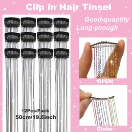 12Pcs Hair Tinsel Clip in Glitter Tinsel Hair Extensions 19.6Inch Clip in Hair Tinsel Kit Heat Resistant Shiny Sparkly Fairy Hair Accessories for Women Girls Kids (Gold)