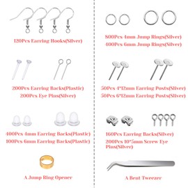 Hypoallergenic Earring Making Kit, Thrilez 3080Pcs Earring Supplies Kit Includes Earring Hooks, Earring Backs, Jump Rings, Eye Pins, Earring Posts and Tools for Earring Making and Repairing