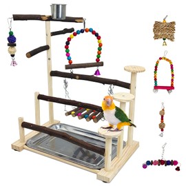 PINVNBY Bird Playground 9 PCS Parrot Perch Stand Play Gym Cockatiel Wood Bird Toys Bird Cage Accessories Playpen with Feeder Cups Hanging Swing Toys for Parakeet Conure Lovebird Cockatiel