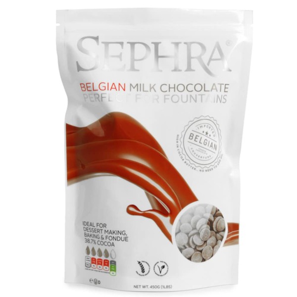 Sephra Giles and Posner 450g Belgian Milk Couverture Chocolate Callets/Drops/Chips for Fountains, Melting, Baking, Fondue, Chocolate Making, Pastries and Desserts - Gluten Free and Halal, Pack of 1