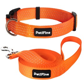 PetiFine Reflective Dog Collar, Adjustable Classic Nylon Dog Collars for Small/Medium/Large Dogs, High Visibility Dog Collars with Quick Release Buckle (Collar+Leash M, Orange)