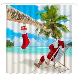 ABONAN Funny Santa Claus Beach Shower Curtain Humor Santa Palm Tree Tropical Ocean Summer Seaside Xmas Merry Holiday Scene Fabric Bathroom Curtains Decor Set with Hook(70" WX70 H)
