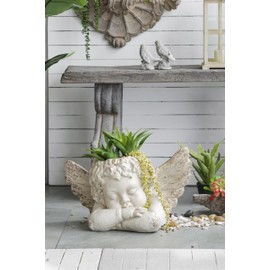A & B Home 23 in L Cream Magnesium and Fiber Glass Sleeping Cherub Planter, Home Accent Décor