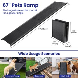 Dog Ramp for Car, 67" L x 20" W Extra Wide Folding Dog Ramp, Pet Ramp with Non-Slip Rug Surface, Dog Steps Supports Up to 250 lb, Outdoor Dog Ramp for Car, SUV, Truck