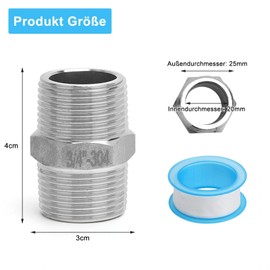 APOMOONS 2 Stück Doppelnippel 3/4 Zoll aus Edelstahl 304 Außengewinde Sechskantverbinder Zubehör mit Rohmaterialband Fitting für Trinkwassersysteme Heimwerkerprojekte Verlängerung Rohrverbindungsumbau