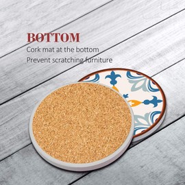 Bribay Coaster for Drinks Set of 6, Colorful Ceramic Talavera Flower Vintage Absorbent Round Ceramic Stone Mat, with Cork Base and Metal Holder, Gift for Housewarming Room Bar Decor