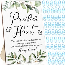 51 Pcs Cool Baby Shower Games Include Baby Pacifier Hunt Sign Wooden Baby Gift Sets Gender Reveal Party Favors 50 Acrylic Baby Pacifiers Mini Plastic Pacifiers (Greenery, Blue)