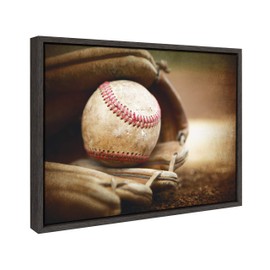 DesignOvation Sylvie Baseball Glove at Home Plate Framed Canvas By Shawn St. Peter, 18x24 Dark Grey, Transitional Sports Wall Decor For Office, Bedroom, Or Living Room
