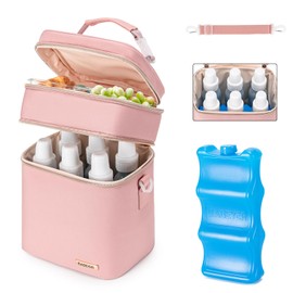 BABEYER Breastmilk Cooler Bag with Ice Pack, Fits 6 Baby Bottles Up to 9 Oz, Baby Bottle Cooler Bag, Double Layer Leakproof with Should Strap for Daycare Moms On The Go, Pink