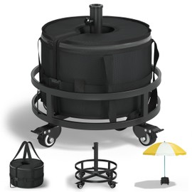 Umbrella Base with 4 Wheels,Umbrella Stand with Swivel Casters+1680D Waterproof Oxford Cloth Sandbag,Suitable for Outdoor 1.5 to 1.96 inch Market Umbrellas，Baked-enameled Stainless Steel.