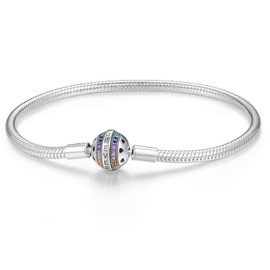 LNQOBU Women's Bracelet 925 Silver Snake Butterfly Bracelet with Sparkling Heart Clasp Charms (with a Spacer Bead), Sterling Silver, Cubic Zirconia