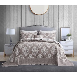 HZ & HY Oversized King Bedspread, Jacquard Matelasse Damask Pattern Design, Lightweight, Reversible, 5 Piece, 100% Microfiber, King/Cal King, Tan Brown