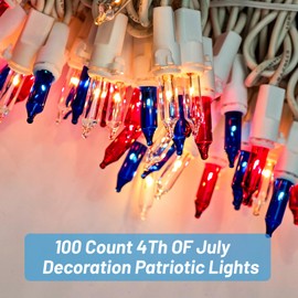 4th of July Decorations Lights 26.5Ft 100 Count Mini Lights White Wire Lights Waterproof Incandescent Bulb for Indoor Outdoor Holiday Decorations Red White & Blue