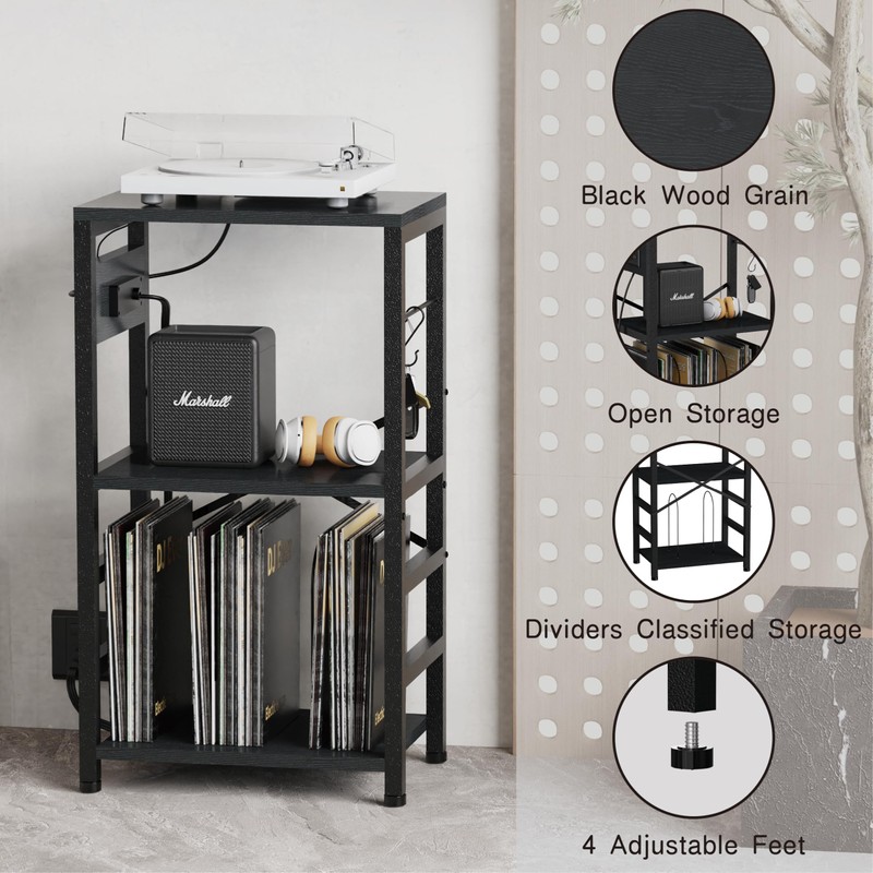 YAKANJ End Table with LED Light,Record Player Stand with Charging