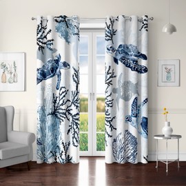 weesire Nautical Coastal Curtains Decorative Beach Ocean Coral 50% Light Blocking Sea Darkening Grommet Curtain for Villa Living Room, Bedroom Navy Blue and White 2 Panels Set, 52x96 Inches