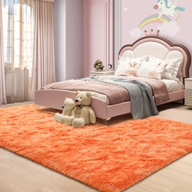 Rtizon Fluffy Rugs for Girls Bedroom, 4x6 Feet Soft Shaggy Orange Area Rug for Kids Playroom Living Room Dorm, Kawaii Tie-Dye Princess Rug for Baby Toddler Nursery