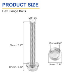 sourcing map 6Pcs M8 x 80mm Hex Serrated Flange Bolts Screws, 304 Stainless Steel Flanged Hex Head Bolts Flange Hexagon Screws for Households, Machine Tools, and DIY project, Silver