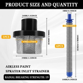1Pcs 288716 3/4-Inch Inlet Strainer & 6Pcs 288749 Airless Spray Gun Filter, Stainelss Steel 60 Mesh Airless Paint Sprayer Filter Kit Compatible with Filter Spray Gun SG10, SG20, SG Pro, SG2, SG3