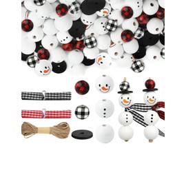 143PCS Snowman Wooden Beads, Wooden Beads with Twine Scarf, Beaded Christmas Ornament Kits for DIY Crafts Christmas Party Farmhouse Decoration