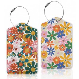70s Groovy Daisy Flowers Luggage Tags Bag Tag with Privacy Cover Name Id Card Stainless Steel Loop Suitcase Labels Pu Leather Baggage Tags for Travel,2 Pcs