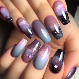 French Press on Nails Long Coffin Fake Nails Blue Purple Gradient False Nails with Cloud Stars Designs Glossy Acrylic Nails Full Cover Glue on Nails Artificial Nails Manicure Kit for Women