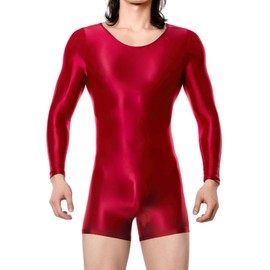 Maeau Men's Bodysuit, Leotard, Long Sleeve, Glossy, Full Body Tights, Sheer, Singlet Stretch, Men's One-piece Dress, Costume, Cosplay, Wrestling Wear, See-through, Party, Red, M