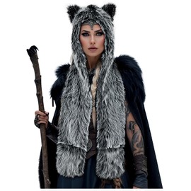 L'VOW Viking Faux Fur Wolf Hood Scarf Furry Animal Hat with Ears Paws Werewolf Accessories Costume for Women Men(Grey)