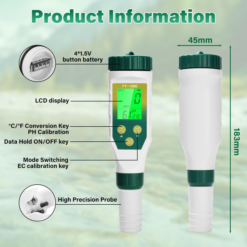 PH Meter Water, Aideepen PH/EC/TDS/Salinity/Thermometer 5-in-1 pH Value Meter with