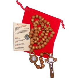 Holy Land Market Saint Benedict Rosary Necklace Medal 17" NR Brown Wood Beads