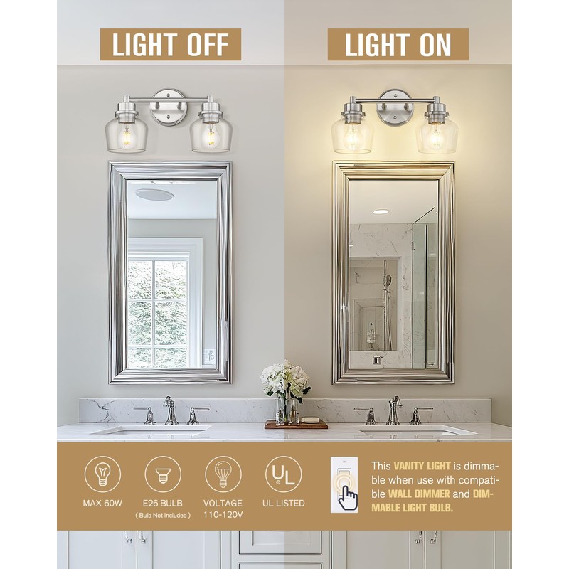 Emak 2-Light Vanity Lights, Brushed Nickel Bathroom Lights Over Mirror