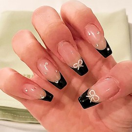 French Tip Press on Nails Fake Nails with White Bow Rhinestones Designs Black Nails Press ons Glossy Glue on Nails Nude False Nails Cute Acrylic Nails Artificial Stick on Nails for Women 24Pcs
