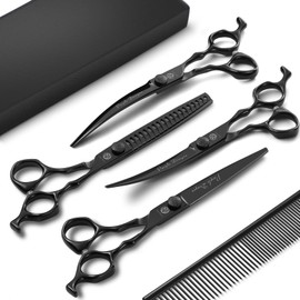 Purple Dragon Dog Grooming Scissors Set - Chunkers, Straight, Up & Down Curved Scissors and Comb, 7 Inch Black Shears with Adjustable Screw for Dogs and Cats