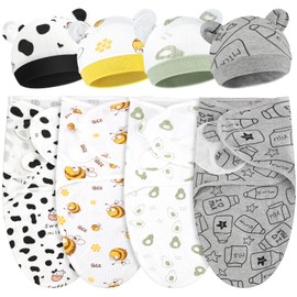 Buryeah 4 Pack Preemie Swaddle Blanket Wrap Set with Hat for Baby Boys Girls 3-7 Lbs Preemie Newborn Clothes Sleepers Cap(White,Animal)