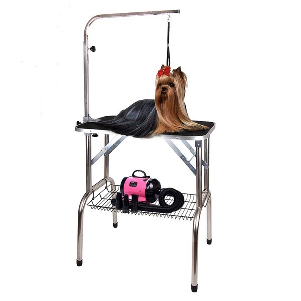 Polar Aurora Pingkay 30'' Black Heavy Duty Pet Professional Dog Show Stainless Steel Foldable Grooming Table w/Adjustable Arm & Noose & Mesh Tray