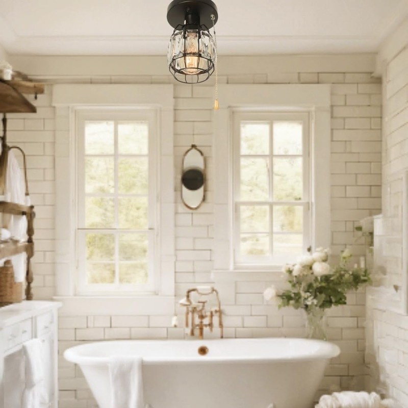 Baiwaiz Crystal Cage Pull String Semi Flush Mount Light, 1-Light