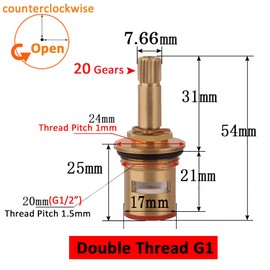 Faucet Ceramic Cartridge Valve, G1/2" Brass Tap Ceramic Disc Cartridges Replacement for Hot Cold Water (Type G1- H54mm)