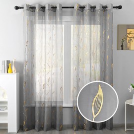youleyar Gold Foil Print Voile Sheer Curtains,Wicker Grommet Top Window Drapes 63 Inches Long, Luxury Metallic Bronzing Treatment Panels for Home Window Decoration, 2 Panels(Grey,52W x 63L)