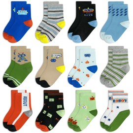 GENTABY 12 Pairs Boys Crew Socks Kids Toddlers Socks Organic Cotton Design of Cartoon and Striped Patterns Cosy Breathable Multiple Colors for 1-3 Years