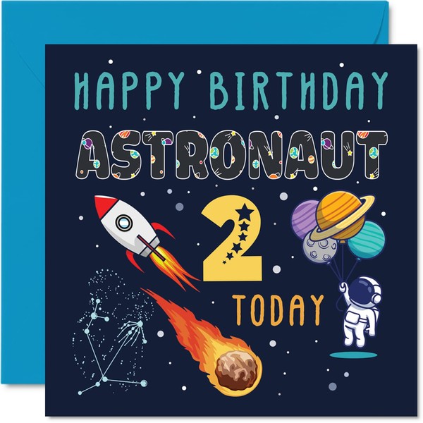 2nd Birthday Card Boy - Space Astronaut Cosmos - Happy Birthday Card 2 Year Old Boy Girl, Two Second Girls Boys Birthday Cards, 5.7 x 5.7 Inch Greeting Card for Son Daughter Niece Nephew Grandson