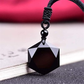 Caiyao Lucky Black Obsidian Hexagram Pendant Necklace Adjustable Rope Energy Healing Natural Stone Necklace for Men Boyfriend Lover Amulet Protection Valentine's Day Jewelry Gift-A Black